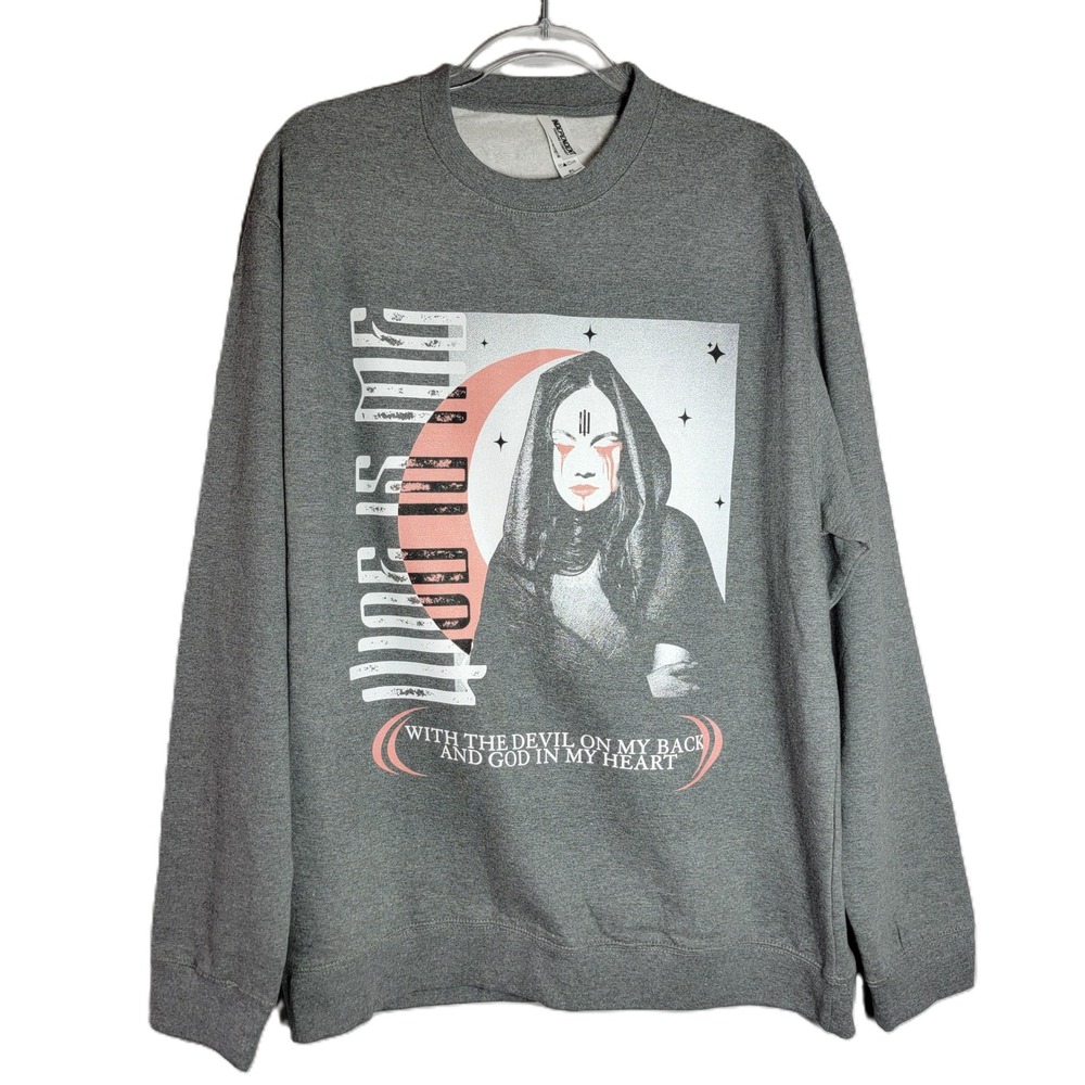 Woe Is‎ Me Men's Graphic Sweatshirt XL Grey Devil on My Back and God in My Heart